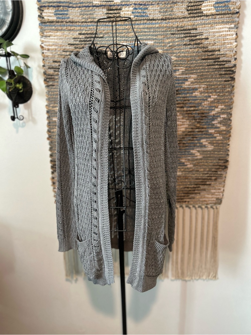 Pink Rose Gray Hooded Open-Front Knit Cardigan Sweater